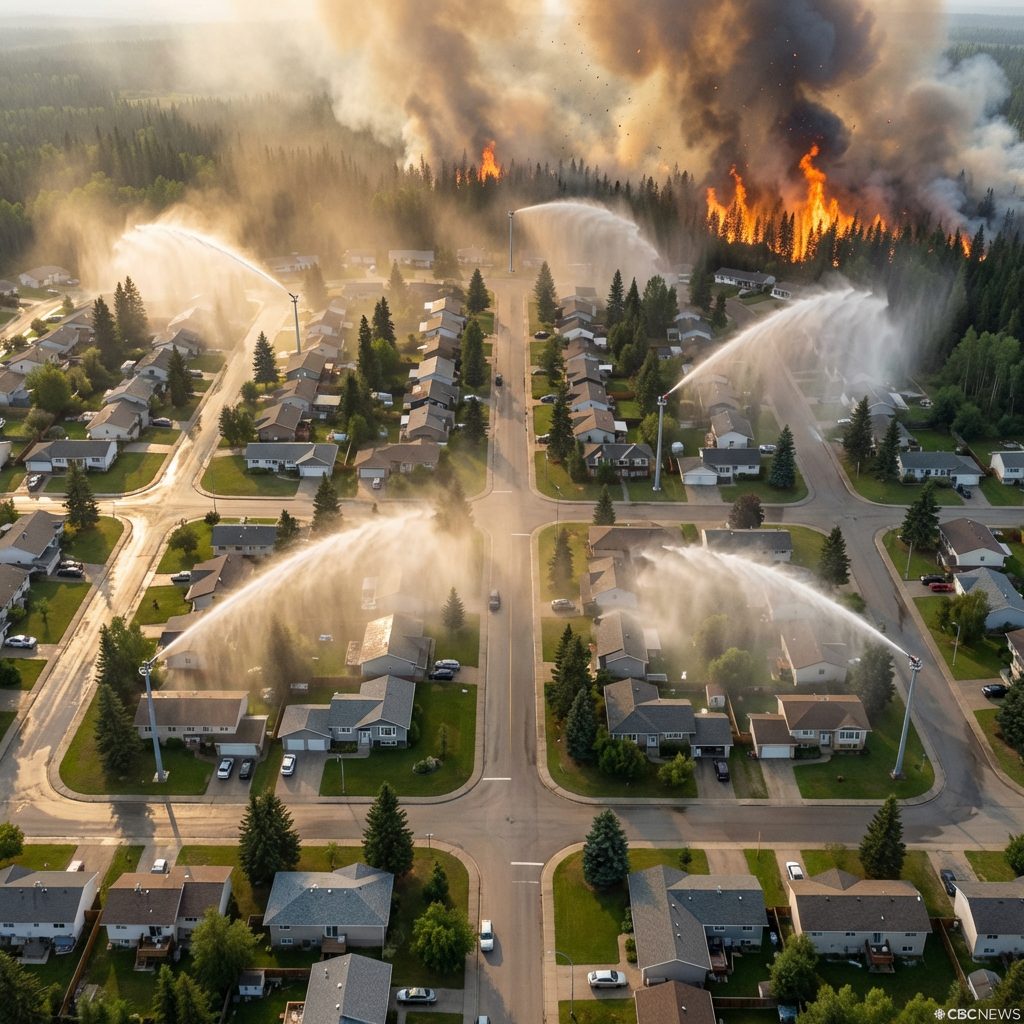 Permanent HydroDome towers spraying a protective curtain of moisture over a community as wildfire approaches